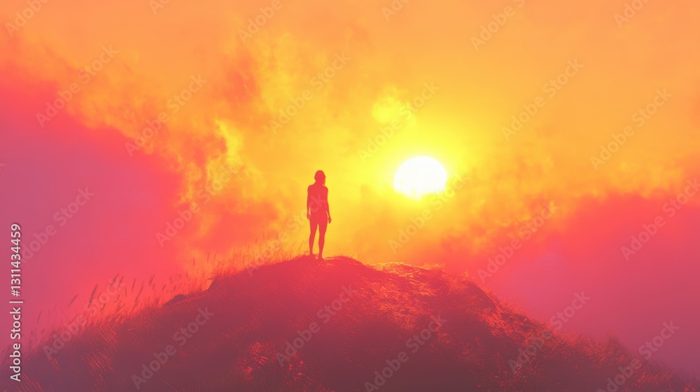 Obraz premium woman silhouette on hilltop at sunset