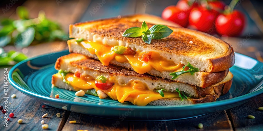Artisan grilled cheese, vibrant blue plate, dreamy bokeh, captures mouthwatering perfection. Artisan grilled cheese, vibrant blue plate, dreamy bokeh, captures mouthwatering perfection.