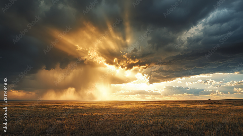 Sunrays break through storm clouds over remote plains, creating dramatic scene Sunrays break through storm clouds over remote plains, creating dramatic scene