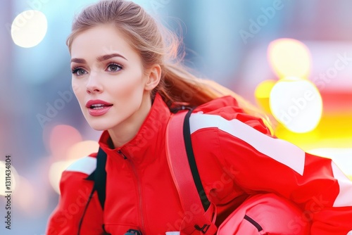 Energetic Urban Courier In Vivid Red Outdoor Attire. photo