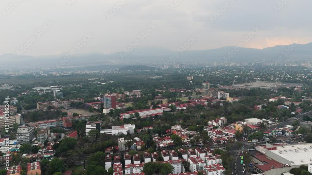 Expanded drone view of southern Mexico City on a cloudy day Expanded drone view of southern Mexico City on a cloudy day