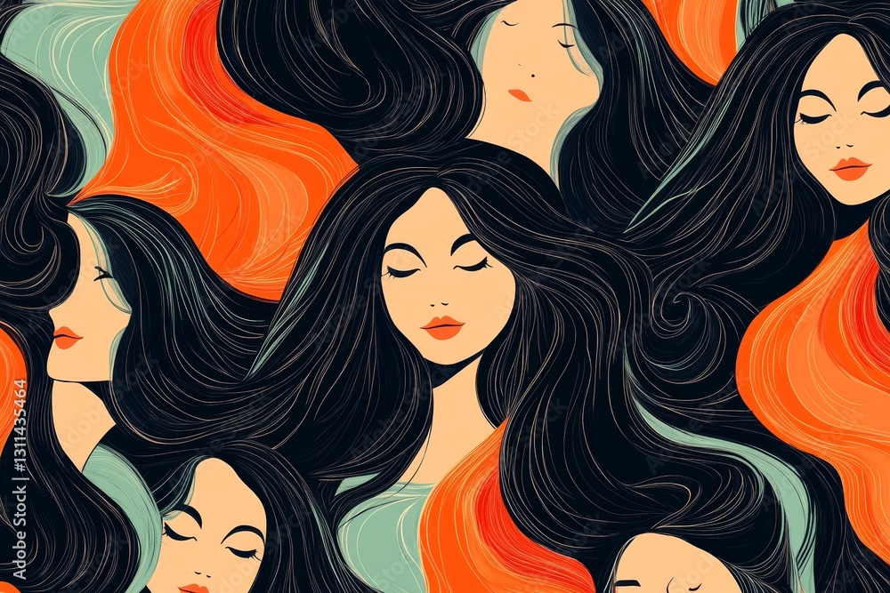 Abstract Pattern with Women Faces and Flowing Hair in Vibrant Colors Abstract Pattern with Women Faces and Flowing Hair in Vibrant Colors