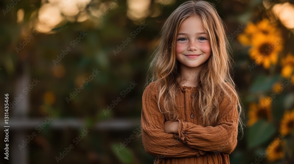 A charming young girl poses confidently in a sunflower field, embodying joy and innocence while surrounded by nature's beauty in a picturesque setting. A charming young girl poses confidently in a sunflower field, embodying joy and innocence while surrounded by nature's beauty in a picturesque setting.