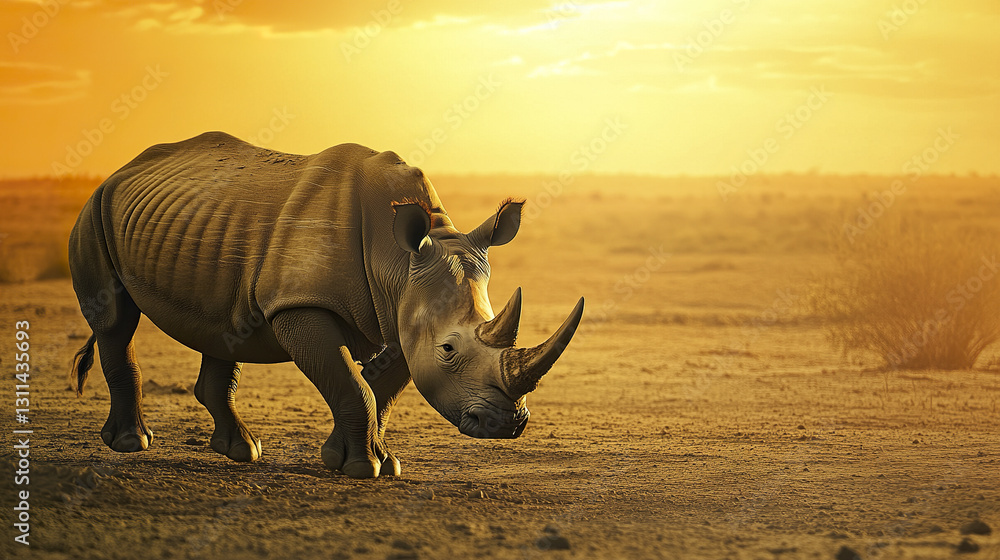 Fototapeta premium rhino walks with determination through golden sunset lit wilderness