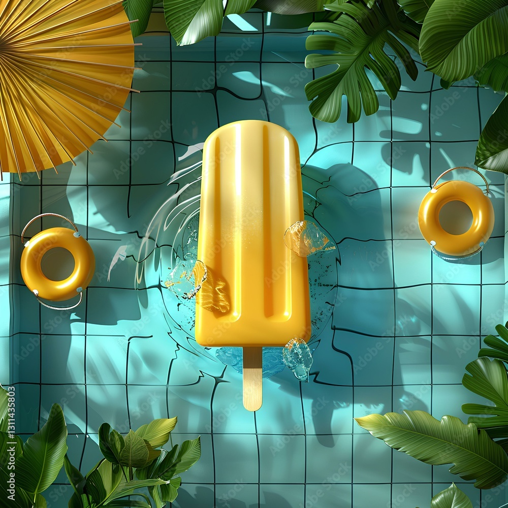 gigantic pink jelly texture popsicle is floating in the swimming pool. the popsicle is in the bottom-left corner