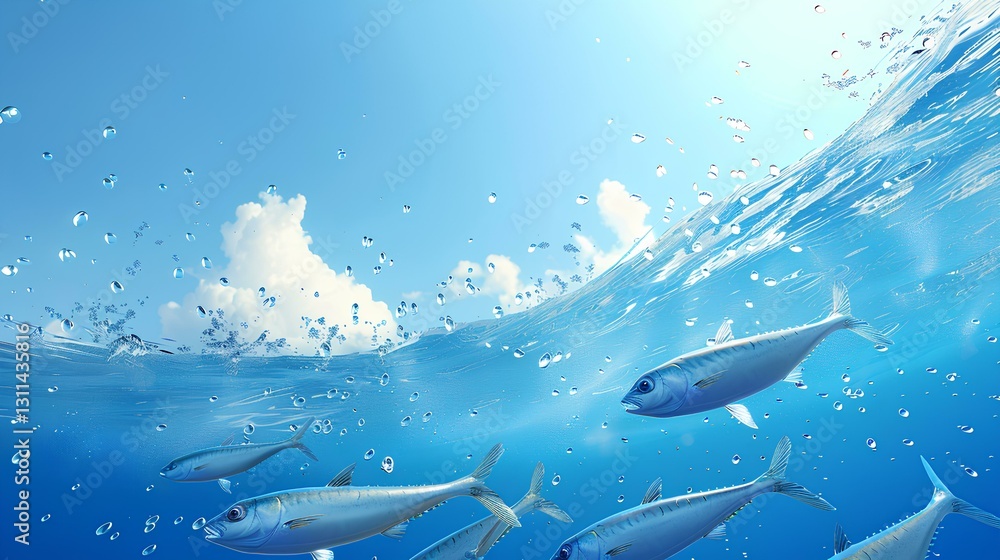 A group of sardines in the sea. The background is the deep sea bottom