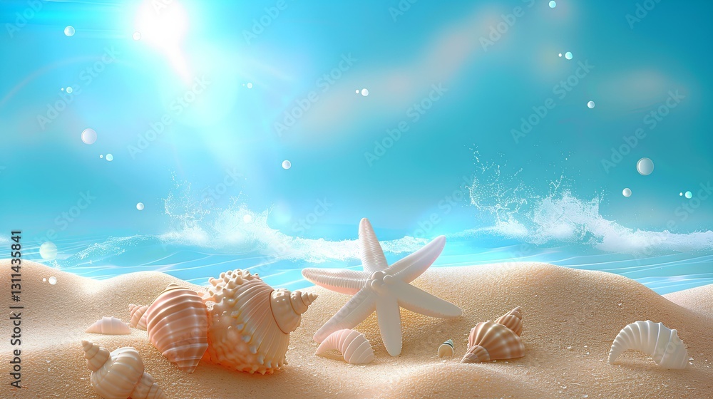 beautiful background of sand, seashells and starfish on the beach with a blue sky, for a mobile wallpaper or mobile phone theme