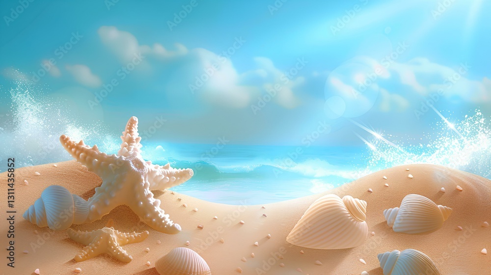 beautiful background of sand, seashells and starfish on the beach with a blue sky, for a mobile wallpaper or mobile phone theme