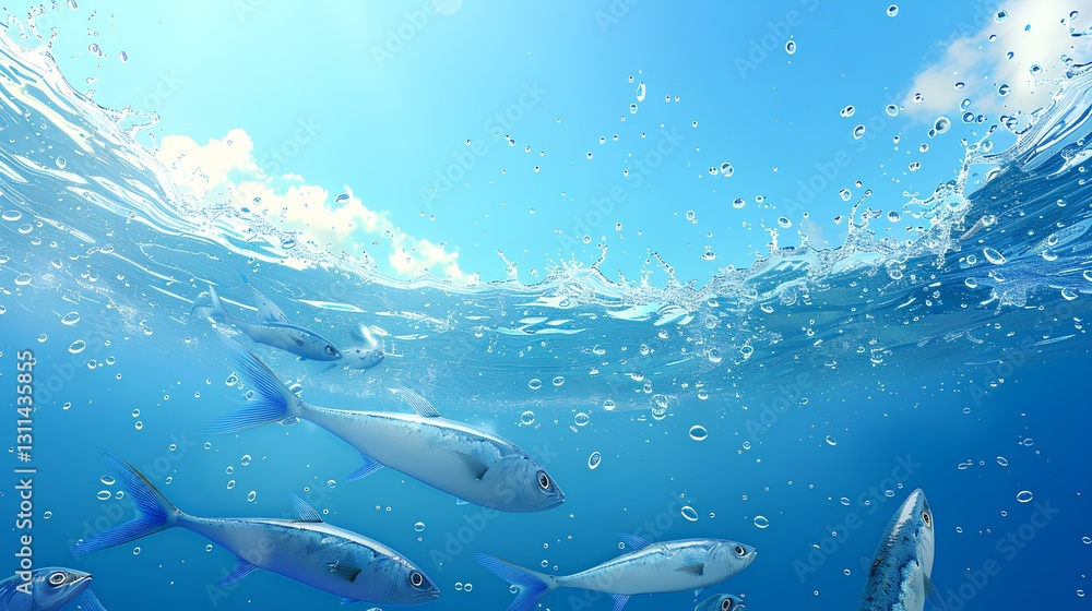 A group of sardines in the sea. The background is the deep sea bottom