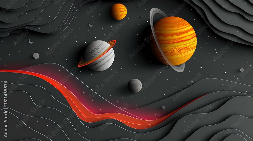 background is black and white, creating contrast between celestial bodies like Jupiter and Mars