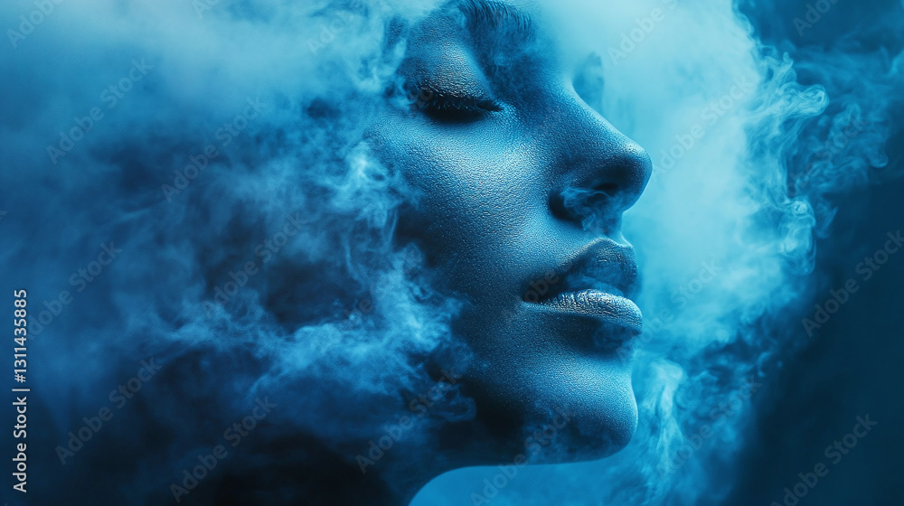 Dreamlike portrait of a person's face dissolving into blue fog. The person's eyes are closed, and the cool tones create a serene mood. Dreamlike portrait of a person's face dissolving into blue fog. The person's eyes are closed, and the cool tones create a serene mood.