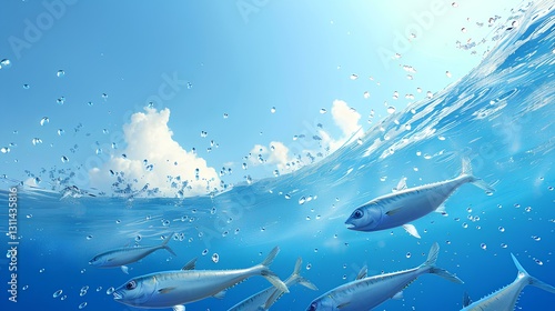 Obraz na płótnie A group of sardines in the sea. The background is the deep sea bottom w salonie