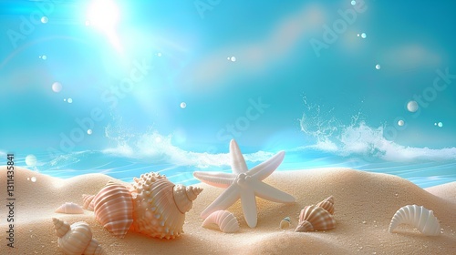 Obraz na płótnie beautiful background of sand, seashells and starfish on the beach with a blue sky, for a mobile wallpaper or mobile phone theme w salonie