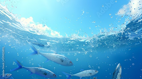 Obraz na płótnie A group of sardines in the sea. The background is the deep sea bottom w salonie