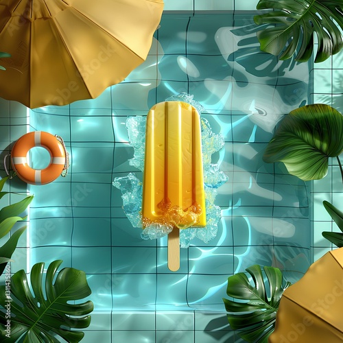  gigantic pink jelly texture popsicle is floating in the swimming pool. the popsicle is in the bottom-left corner 