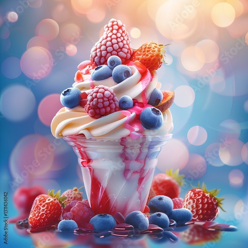 beautiful icecream with all kinds of fruit, Light pink background, detailed  and sharp, nice bokeh 