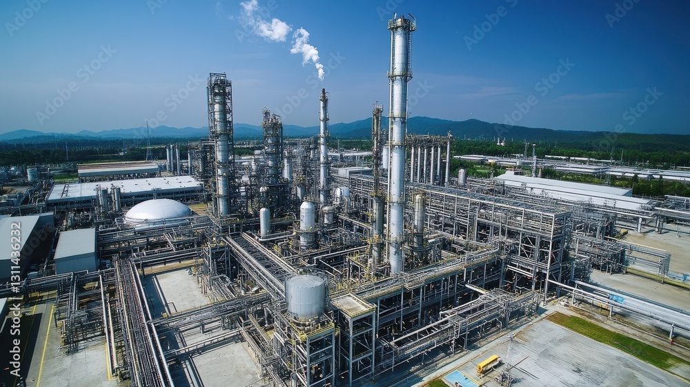 Fototapeta premium Aerial view of a sprawling oil refinery factory, showcasing industrial structures and intricate pipelines.