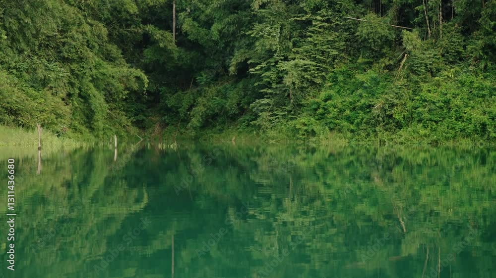 Mirror Reflections Over Cheow Lan Lake In Khao Sok National Park, Thailand. Wide Shot Mirror Reflections Over Cheow Lan Lake In Khao Sok National Park, Thailand. Wide Shot