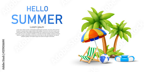 coconut trees,beach umbrella,beach chair and holiday summer sport objects isolated on white background. hello summer clip art design and advertising banner vector illustration.