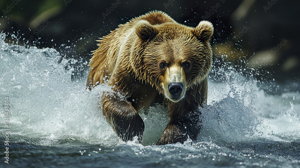 Brown bear surges through river with powerful motion Brown bear surges through river with powerful motion