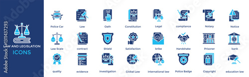 Law and legislation icon set. Containing Law, Oath, Constitution, Legal, compliance