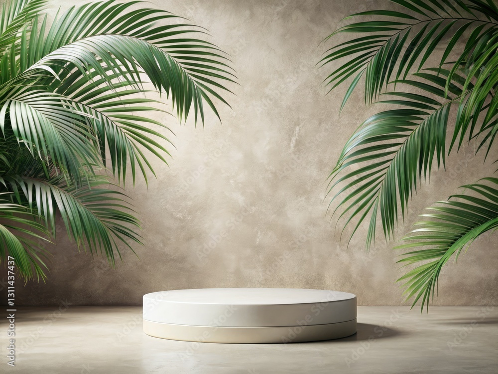 Calming beige concrete, lush palm leaves accentuate a pristine white circular display. Calming beige concrete, lush palm leaves accentuate a pristine white circular display.