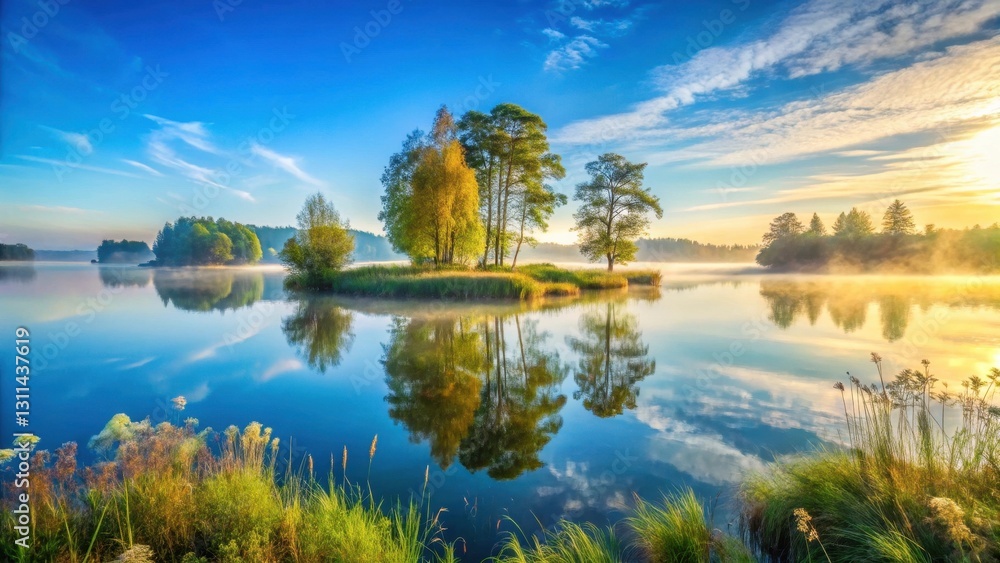 Serene Sunrise over a Misty Lake with Island Trees Reflecting in Calm Waters Serene Sunrise over a Misty Lake with Island Trees Reflecting in Calm Waters