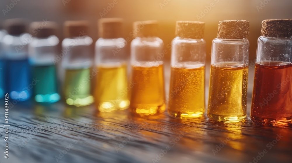 An array of colorful glass bottles filled with different liquids, capturing the light and creating a beautiful spectrum of colors that evoke a sense of wonder and creativity. An array of colorful glass bottles filled with different liquids, capturing the light and creating a beautiful spectrum of colors that evoke a sense of wonder and creativity.