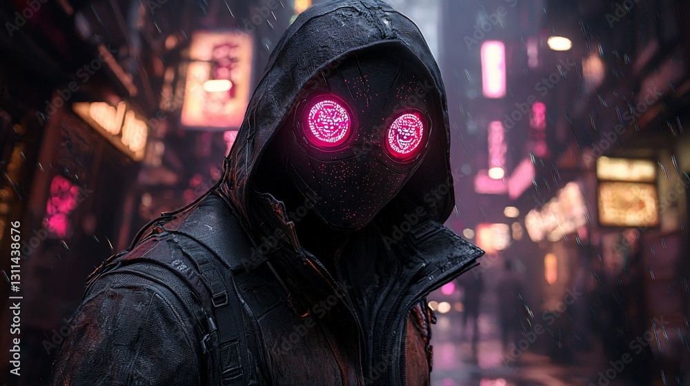 Mysterious figure in a hooded jacket with glowing eyes stands in a neon-lit city at night Mysterious figure in a hooded jacket with glowing eyes stands in a neon-lit city at night