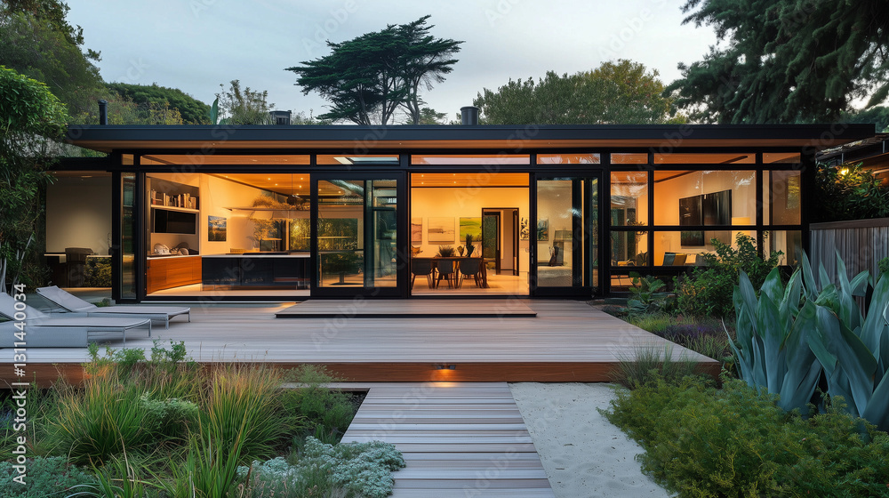 Fototapeta premium Modern beach bungalow with glass walls, tropical plants, and wooden deck-4