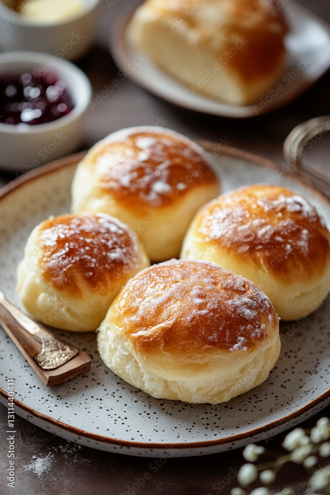 Classic French brioche bun with sugar crust, served with butter and jam Classic French brioche bun with sugar crust, served with butter and jam