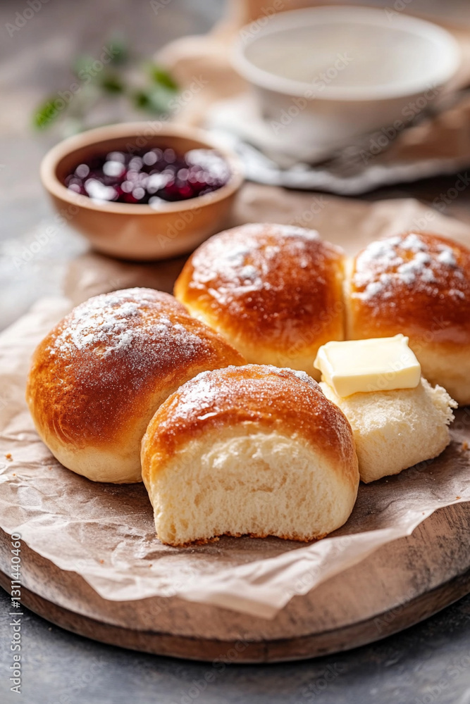 Classic French brioche bun with sugar crust, served with butter and jam Classic French brioche bun with sugar crust, served with butter and jam