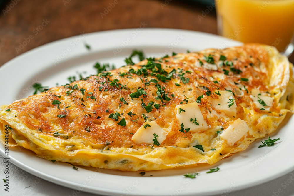 Elegant omelet with cheese and herbs, served on a white plate with a glass of juice Elegant omelet with cheese and herbs, served on a white plate with a glass of juice