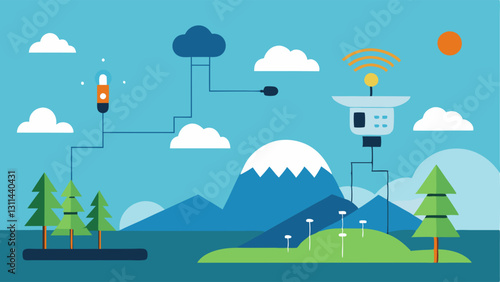 Weather Sensors Array Illustrate a series of environmental sensors p in a landscape with data flowing into an AI system emphasizing the technologys role in monitoring and