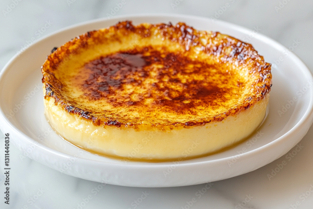 French creme brulee with crispy caramel crust served on stylish white plate French creme brulee with crispy caramel crust served on stylish white plate