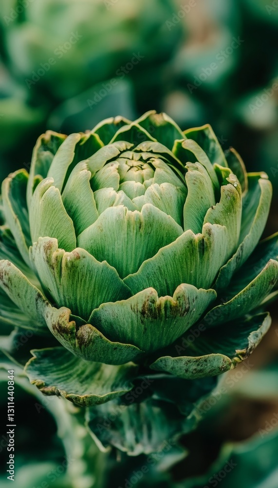 Vibrant Green Artichoke Bud Thriving in Field, Close Up View of Organic Produce and Agriculture Vibrant Green Artichoke Bud Thriving in Field, Close Up View of Organic Produce and Agriculture