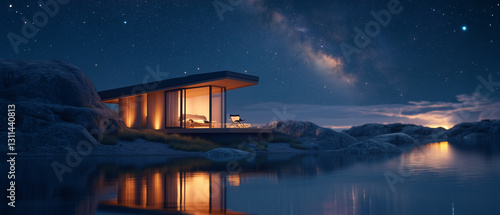 Modern eco cabin by calm waters, galaxy glowing above-4