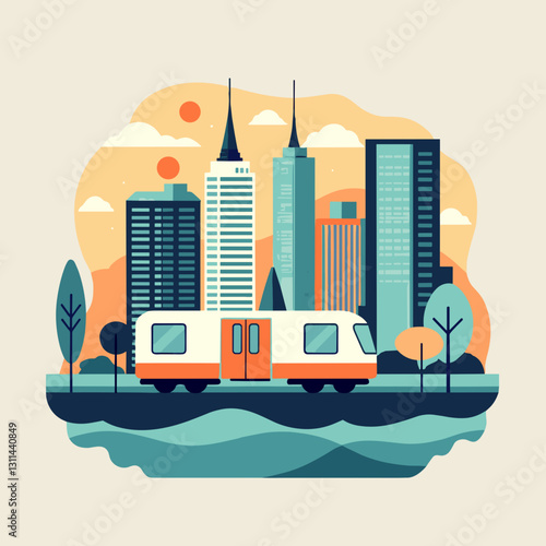 Modern city waterfront travel illustration with urban skyline