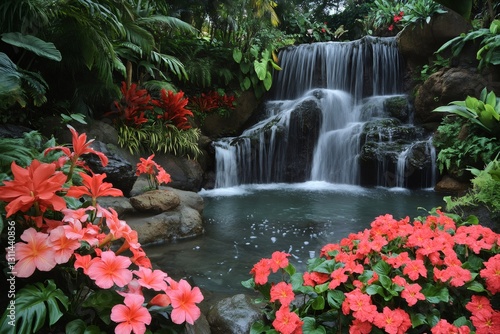 Cascading Oasis: A serene indoor scene featuring a majestic waterfall cascading into a tranquil pool, surrounded by lush greenery and vibrant flowers, creates a sense of peace.