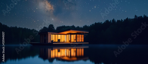 Modern eco cabin by calm waters, galaxy glowing above-3