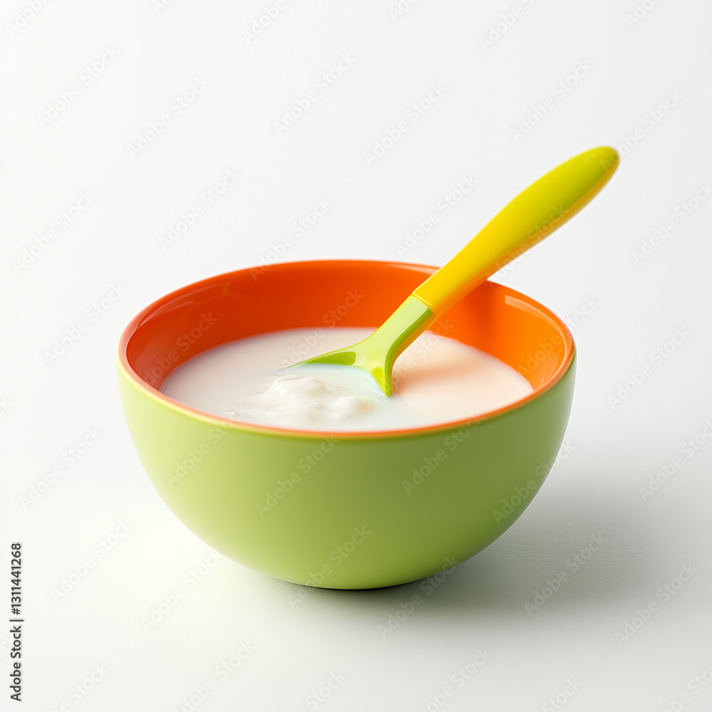 Baby Food in Green and Orange Bowl with Spoon Baby Food in Green and Orange Bowl with Spoon