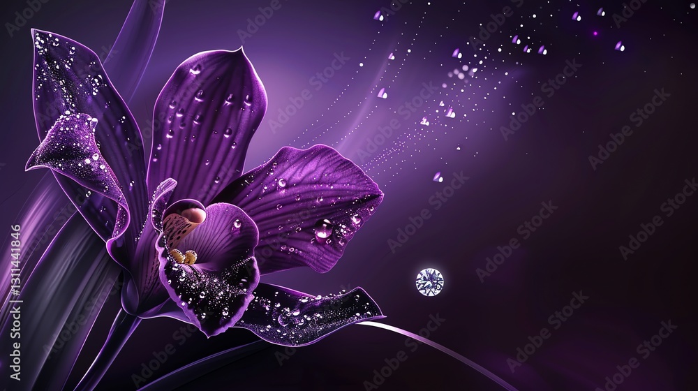 Fototapeta premium A single purple orchid with water droplets on its petals, against a dark purple background with sparkling effects.