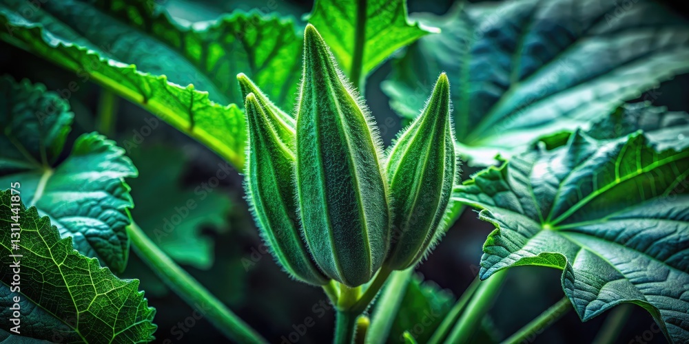 Deep green lady finger plant, minimalist botanical photography, showcasing its texture in low light. Deep green lady finger plant, minimalist botanical photography, showcasing its texture in low light.