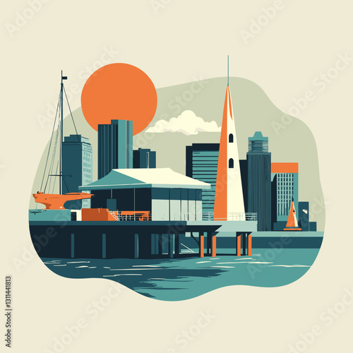Pier, flat design travel illustration