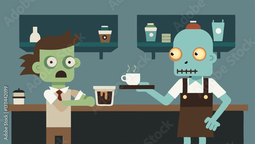 The Undead Barista Create a scene inside an old abandoned coffee shop where a zombie is behind the counter showcasing its barista skills. The zombie wears a playful apron and has