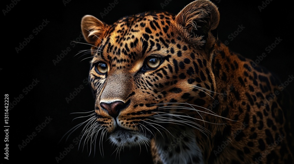A mesmerizing oil painting captures a leopard’s face, turned left but eyes gazing right. Richly detailed with lifelike realism and vivid colors, it exudes strength and grace A mesmerizing oil painting captures a leopard’s face, turned left but eyes gazing right. Richly detailed with lifelike realism and vivid colors, it exudes strength and grace