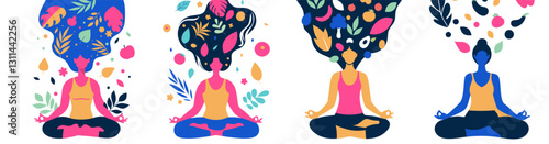 Collection of young women meditating in a lotus pose surrounded by leaves