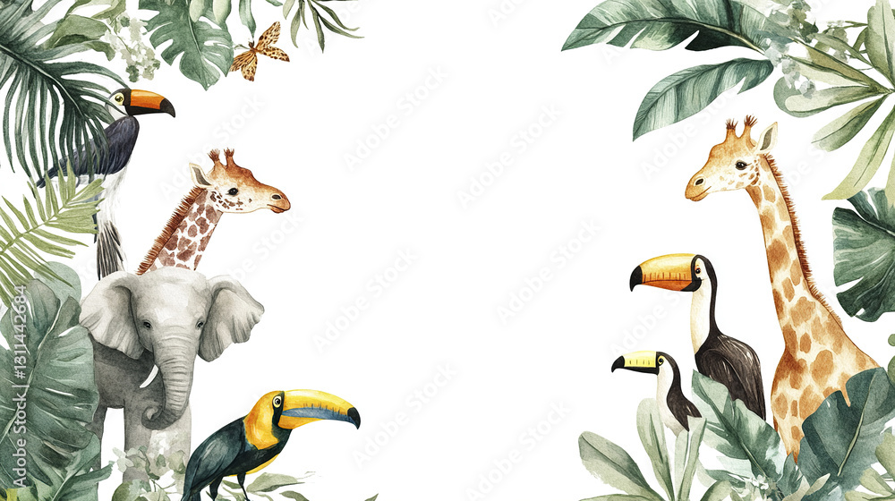 Fototapeta premium Watercolor safari animals with tropical leaves frame