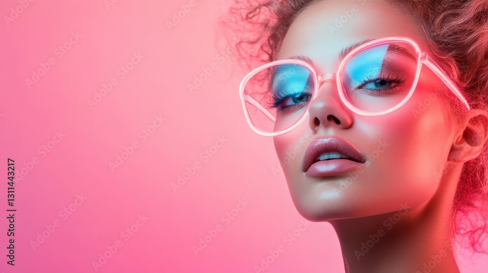 This image features a model with striking neon sunglasses, glowing under vibrant pink and blue lighting, embodying modern fashion and artistic expression. This image features a model with striking neon sunglasses, glowing under vibrant pink and blue lighting, embodying modern fashion and artistic expression.