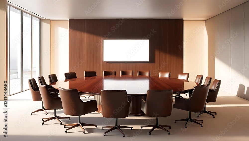 Fototapeta premium Spacious boardroom with polished wooden table and high-backed leather chairs, glowing presentation screen on the wall, soft natural light through large windows, gray-to-beige gradient background evoki